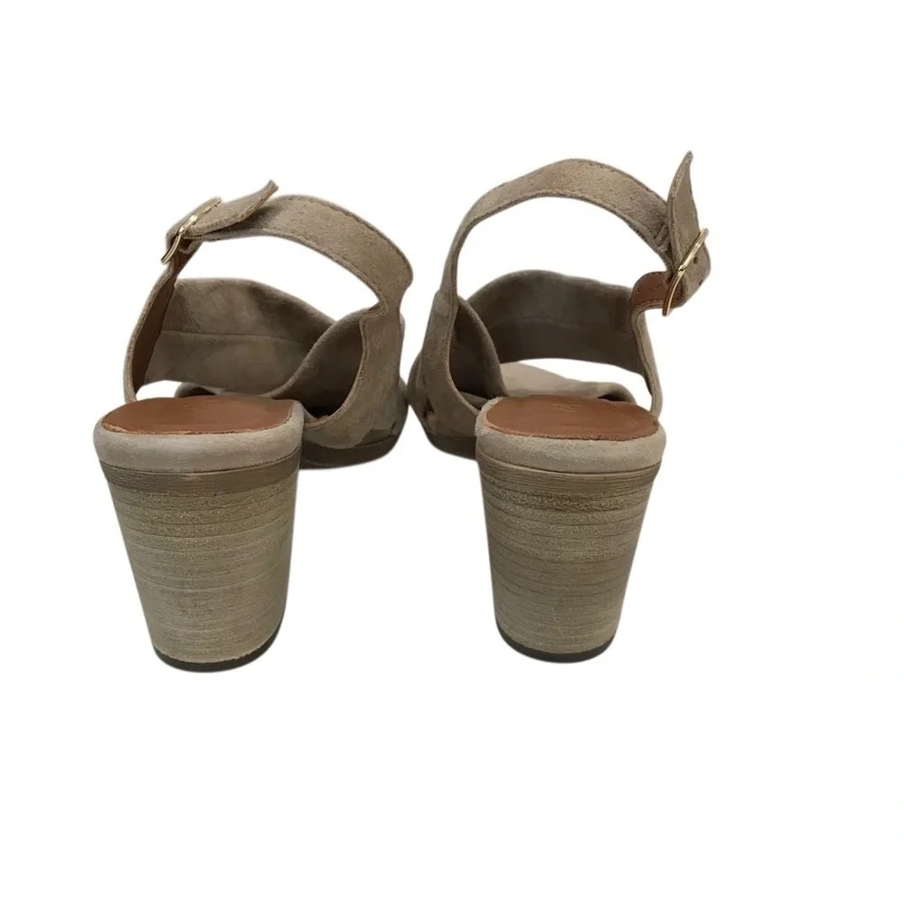 Mariella Suede Open Toe Sling Back Block Heel Sandal Tan 7.5